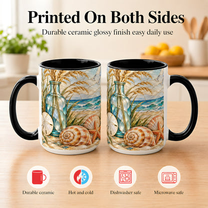 #pl[15oz|Black] Coastal Shell Coffee Mug, Stained Glass Style Mug, Ceramic Cup