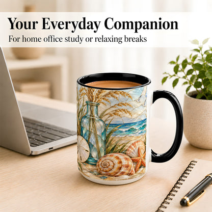 #pl[15oz|Black] Coastal Shell Coffee Mug, Stained Glass Style Mug, Ceramic Cup