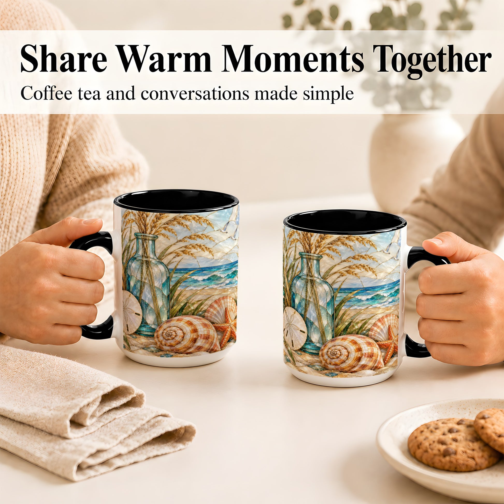 #pl[15oz|Black] Coastal Shell Coffee Mug, Stained Glass Style Mug, Ceramic Cup