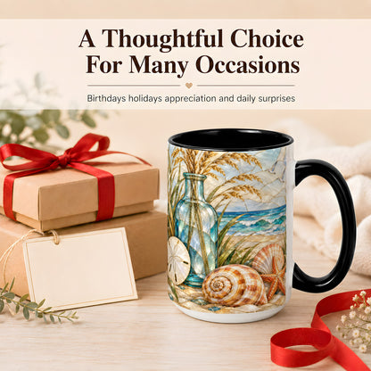#pl[15oz|Black] Coastal Shell Coffee Mug, Stained Glass Style Mug, Ceramic Cup