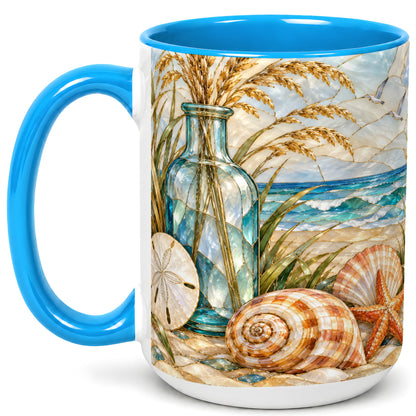 #pl[15oz|Blue] Coastal Shell Coffee Mug, Stained Glass Style Mug, Ceramic Cup