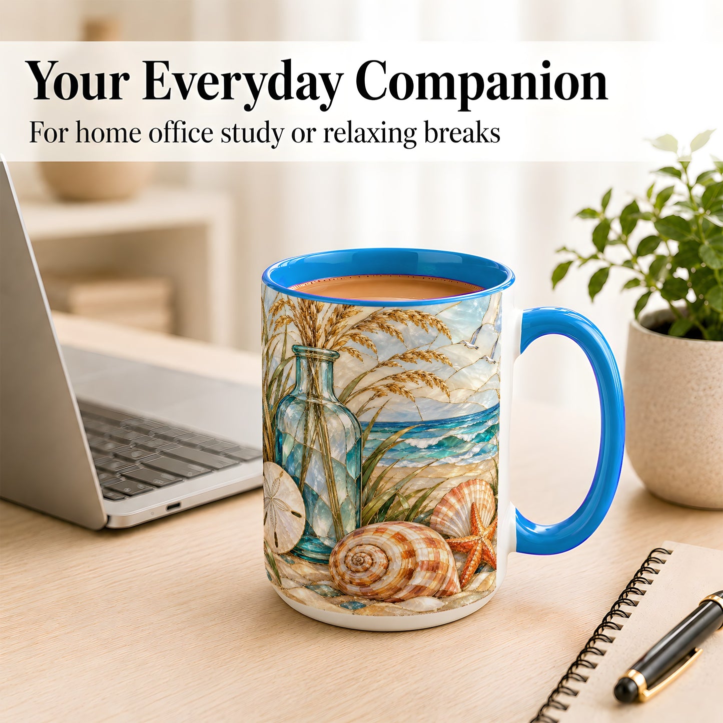 #pl[15oz|Blue] Coastal Shell Coffee Mug, Stained Glass Style Mug, Ceramic Cup
