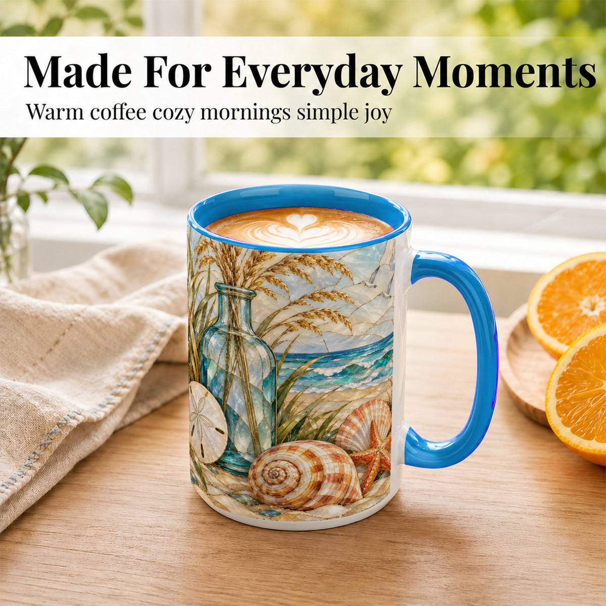 #pl[15oz|Blue] Coastal Shell Coffee Mug, Stained Glass Style Mug, Ceramic Cup