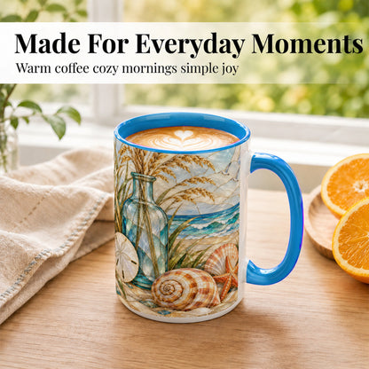 #pl[15oz|Blue] Coastal Shell Coffee Mug, Stained Glass Style Mug, Ceramic Cup