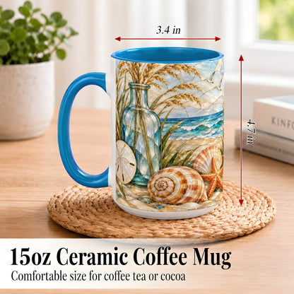 #pl[15oz|Blue] Coastal Shell Coffee Mug, Stained Glass Style Mug, Ceramic Cup