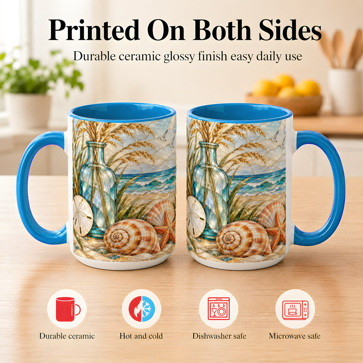 #pl[15oz|Blue] Coastal Shell Coffee Mug, Stained Glass Style Mug, Ceramic Cup