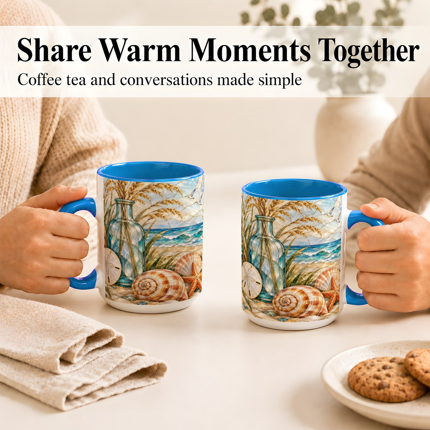#pl[15oz|Blue] Coastal Shell Coffee Mug, Stained Glass Style Mug, Ceramic Cup