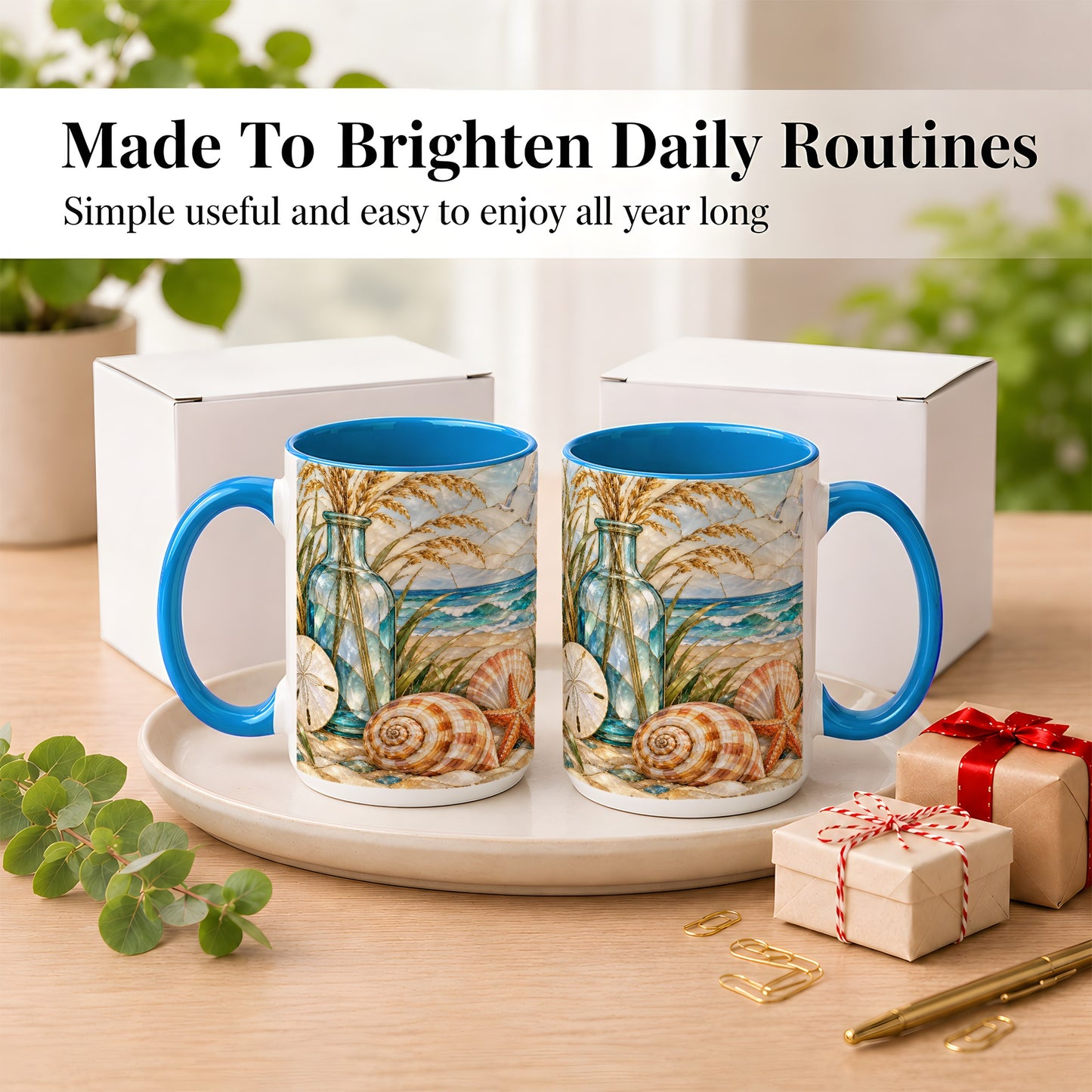 #pl[15oz|Blue] Coastal Shell Coffee Mug, Stained Glass Style Mug, Ceramic Cup