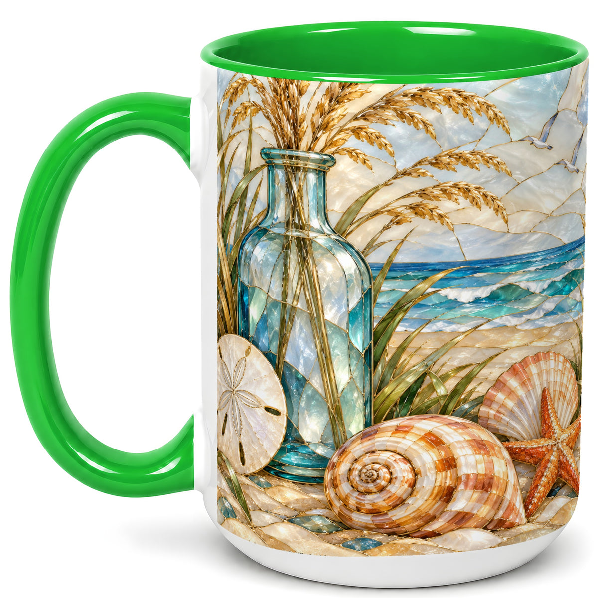 #pl[15oz|Green] Coastal Shell Coffee Mug, Stained Glass Style Mug, Ceramic Cup