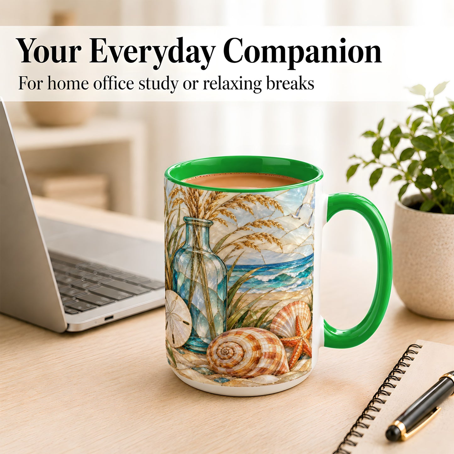 #pl[15oz|Green] Coastal Shell Coffee Mug, Stained Glass Style Mug, Ceramic Cup