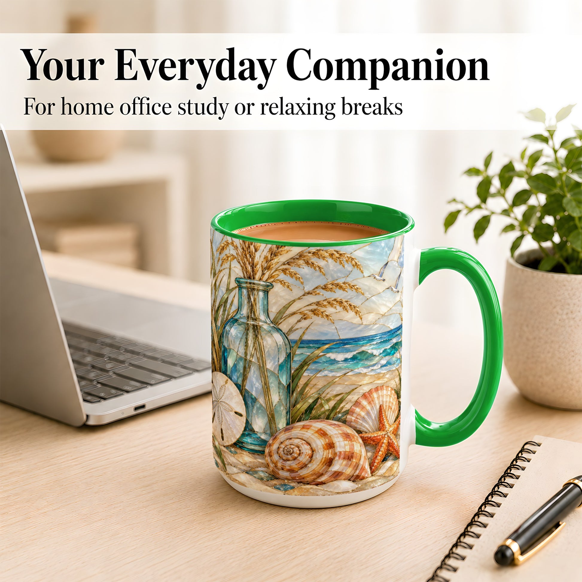 #pl[15oz|Green] Coastal Shell Coffee Mug, Stained Glass Style Mug, Ceramic Cup