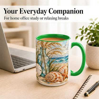 #pl[15oz|Green] Coastal Shell Coffee Mug, Stained Glass Style Mug, Ceramic Cup
