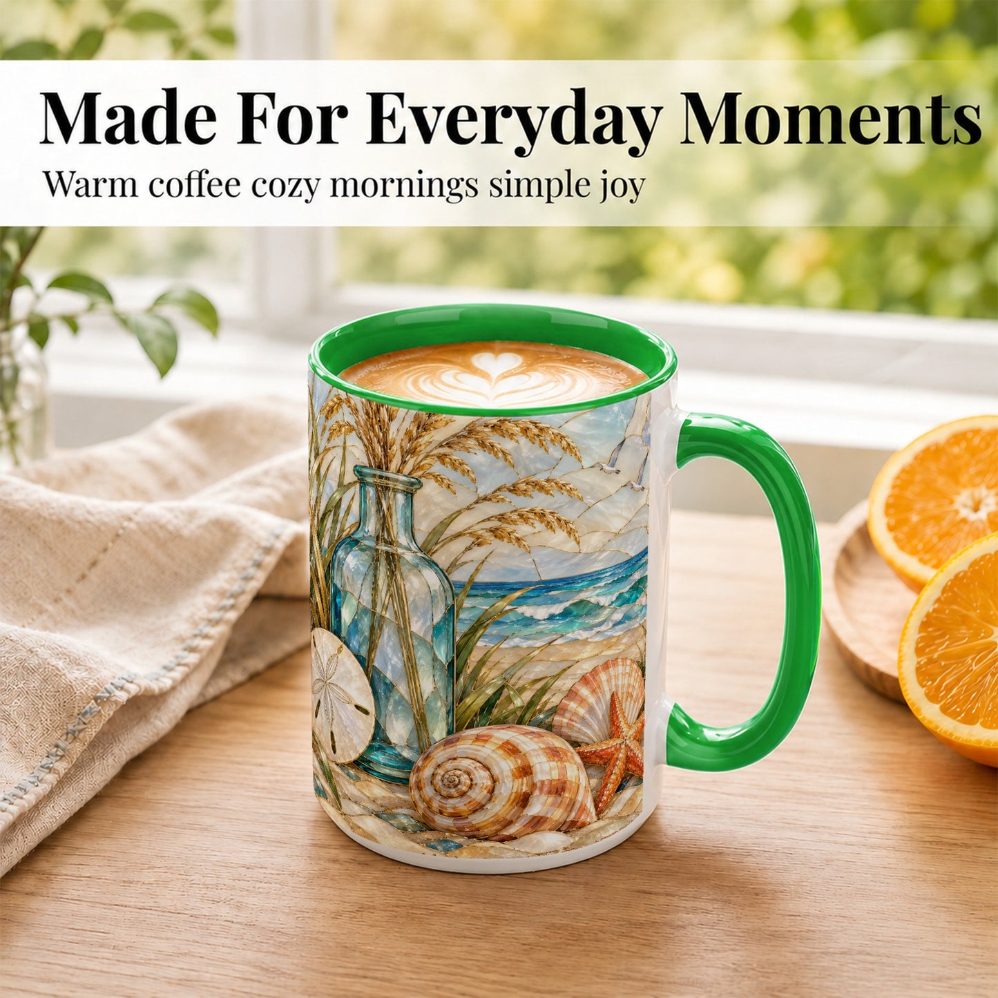 #pl[15oz|Green] Coastal Shell Coffee Mug, Stained Glass Style Mug, Ceramic Cup