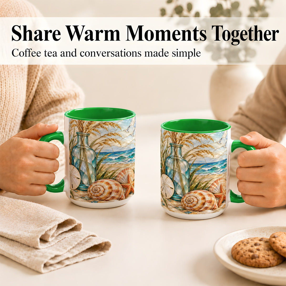 #pl[15oz|Green] Coastal Shell Coffee Mug, Stained Glass Style Mug, Ceramic Cup