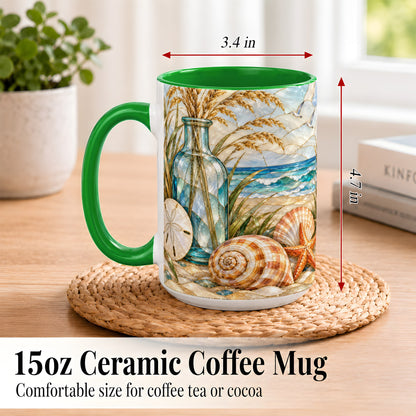 #pl[15oz|Green] Coastal Shell Coffee Mug, Stained Glass Style Mug, Ceramic Cup
