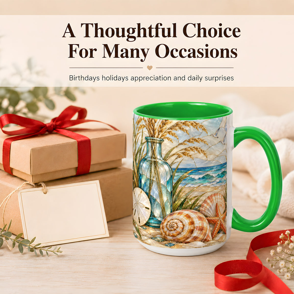 #pl[15oz|Green] Coastal Shell Coffee Mug, Stained Glass Style Mug, Ceramic Cup
