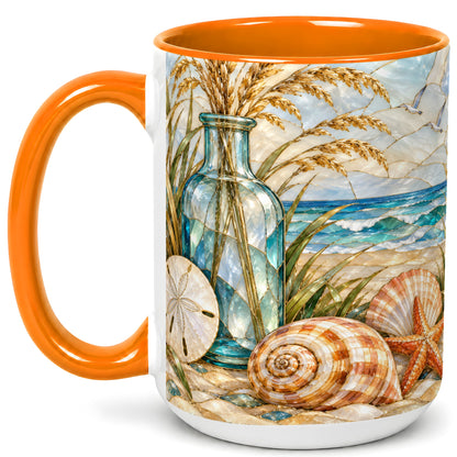 #pl[15oz|Orange] Coastal Shell Coffee Mug, Stained Glass Style Mug, Ceramic Cup