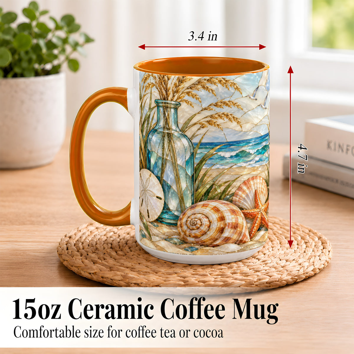#pl[15oz|Orange] Coastal Shell Coffee Mug, Stained Glass Style Mug, Ceramic Cup