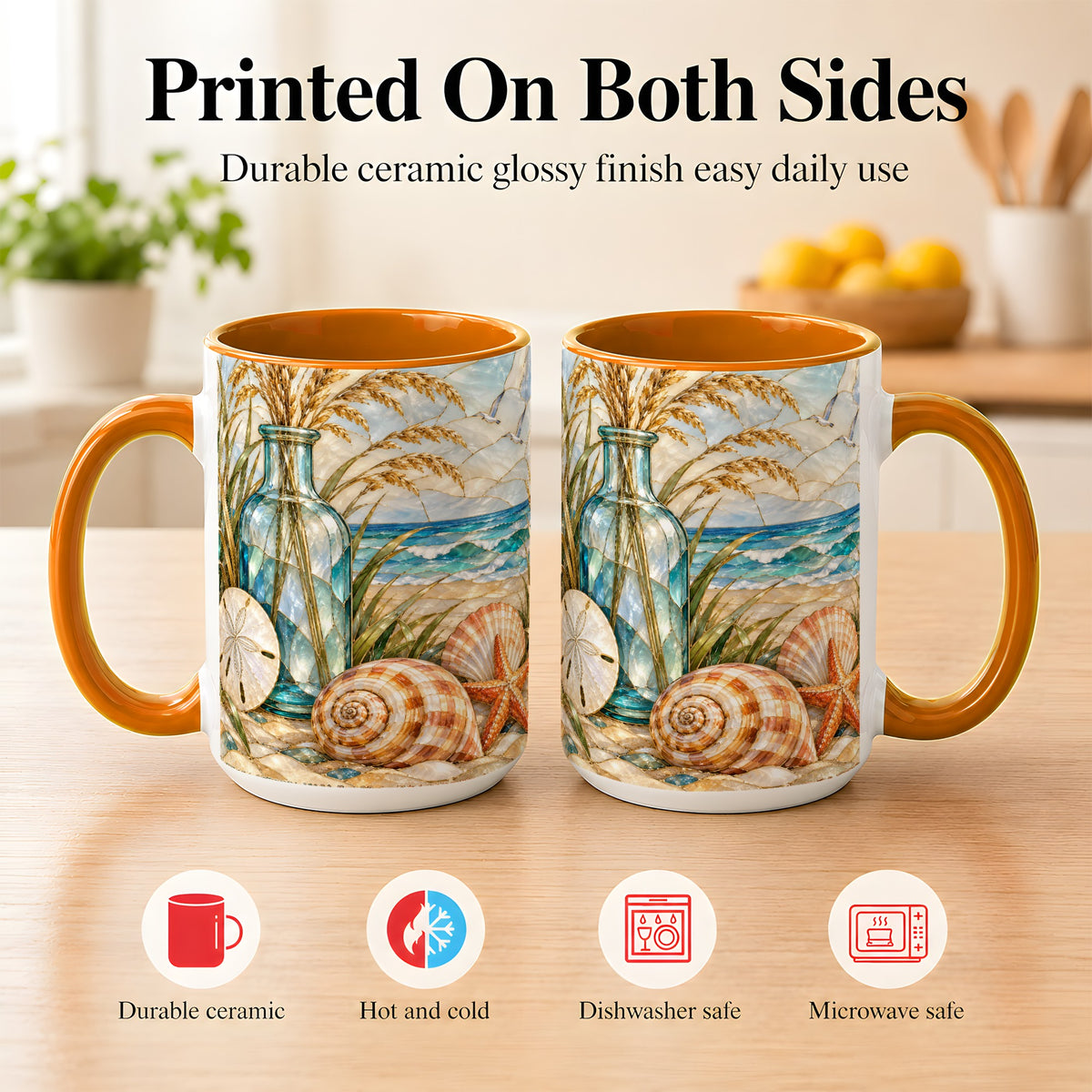 #pl[15oz|Orange] Coastal Shell Coffee Mug, Stained Glass Style Mug, Ceramic Cup