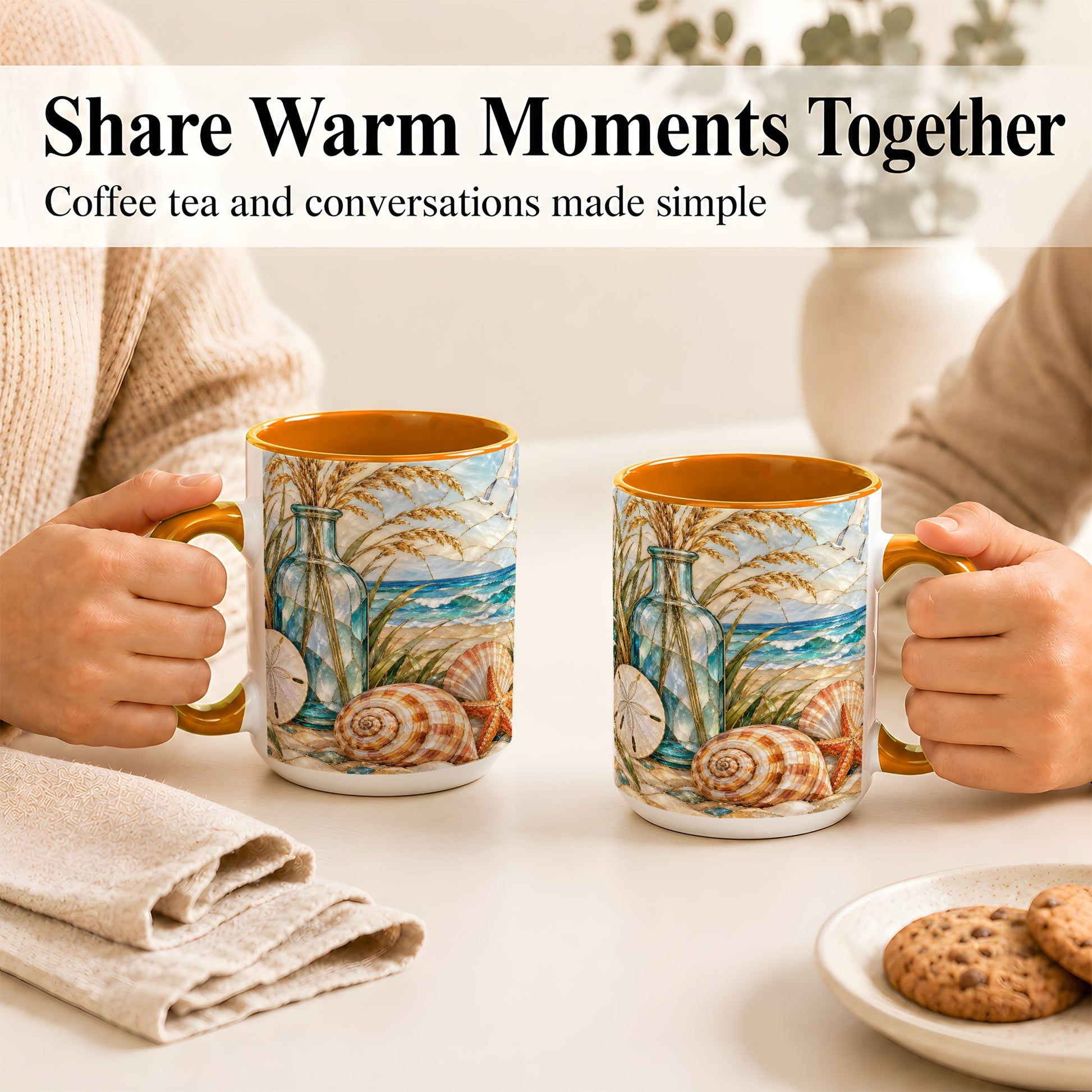 #pl[15oz|Orange] Coastal Shell Coffee Mug, Stained Glass Style Mug, Ceramic Cup