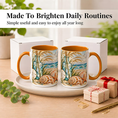 #pl[15oz|Orange] Coastal Shell Coffee Mug, Stained Glass Style Mug, Ceramic Cup