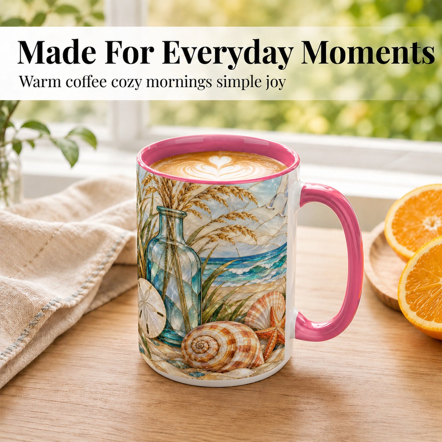 #pl[15oz|Pink] Coastal Shell Coffee Mug, Stained Glass Style Mug, Ceramic Cup