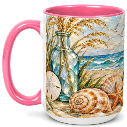 #pl[15oz|Pink] Coastal Shell Coffee Mug, Stained Glass Style Mug, Ceramic Cup