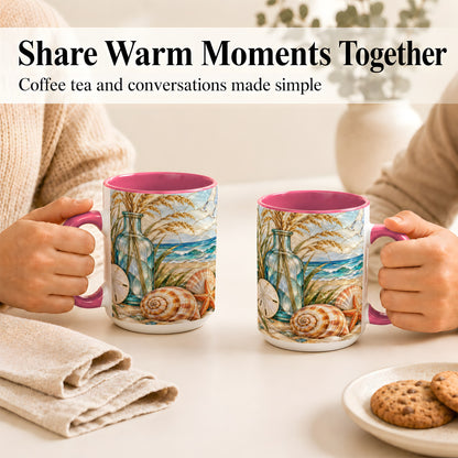 #pl[15oz|Pink] Coastal Shell Coffee Mug, Stained Glass Style Mug, Ceramic Cup