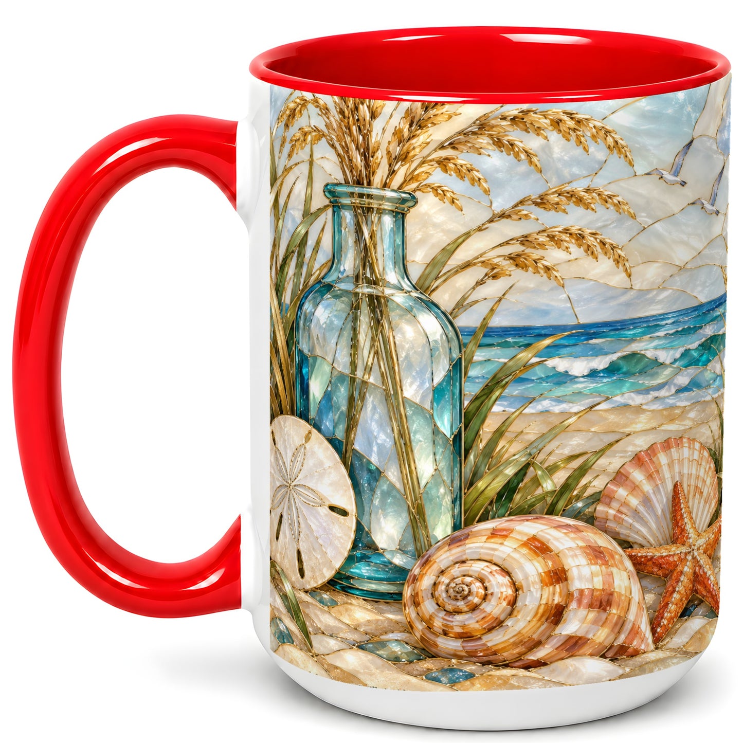 #pl[15oz|Red] Coastal Shell Coffee Mug, Stained Glass Style Mug, Ceramic Cup