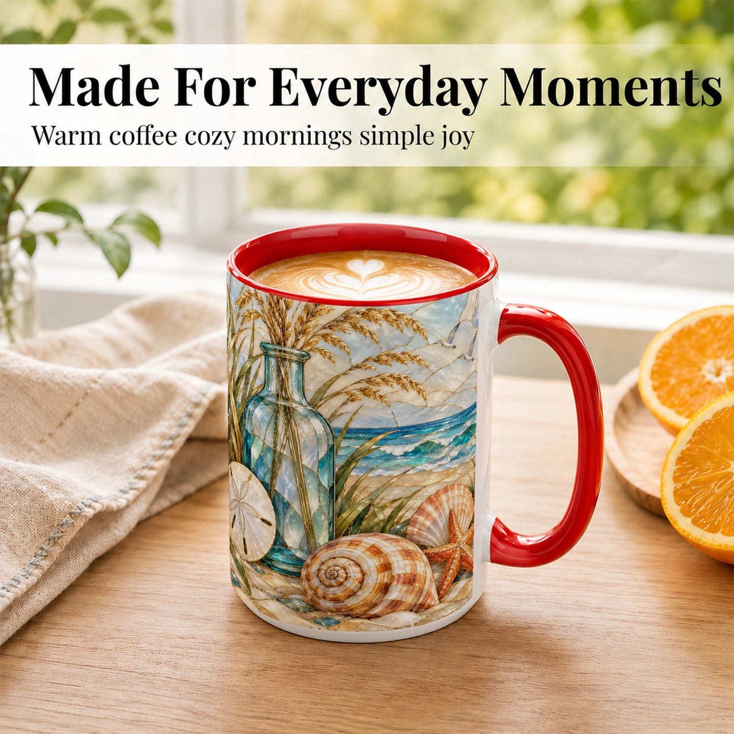 #pl[15oz|Red] Coastal Shell Coffee Mug, Stained Glass Style Mug, Ceramic Cup