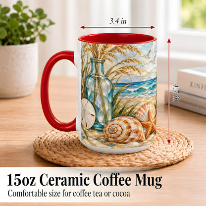 #pl[15oz|Red] Coastal Shell Coffee Mug, Stained Glass Style Mug, Ceramic Cup