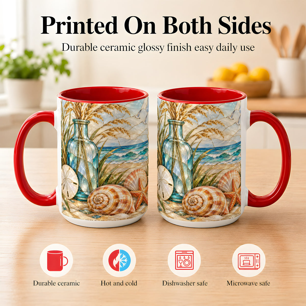 #pl[15oz|Red] Coastal Shell Coffee Mug, Stained Glass Style Mug, Ceramic Cup