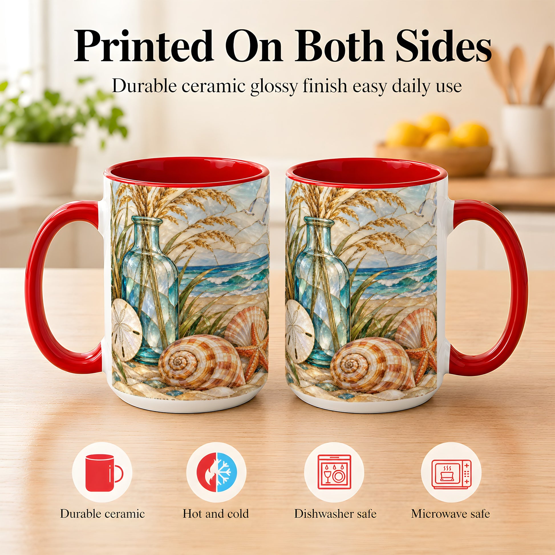 #pl[15oz|Red] Coastal Shell Coffee Mug, Stained Glass Style Mug, Ceramic Cup