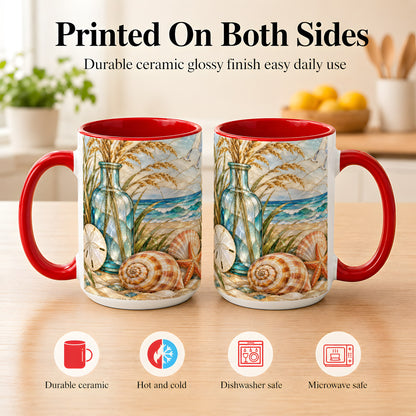 #pl[15oz|Red] Coastal Shell Coffee Mug, Stained Glass Style Mug, Ceramic Cup