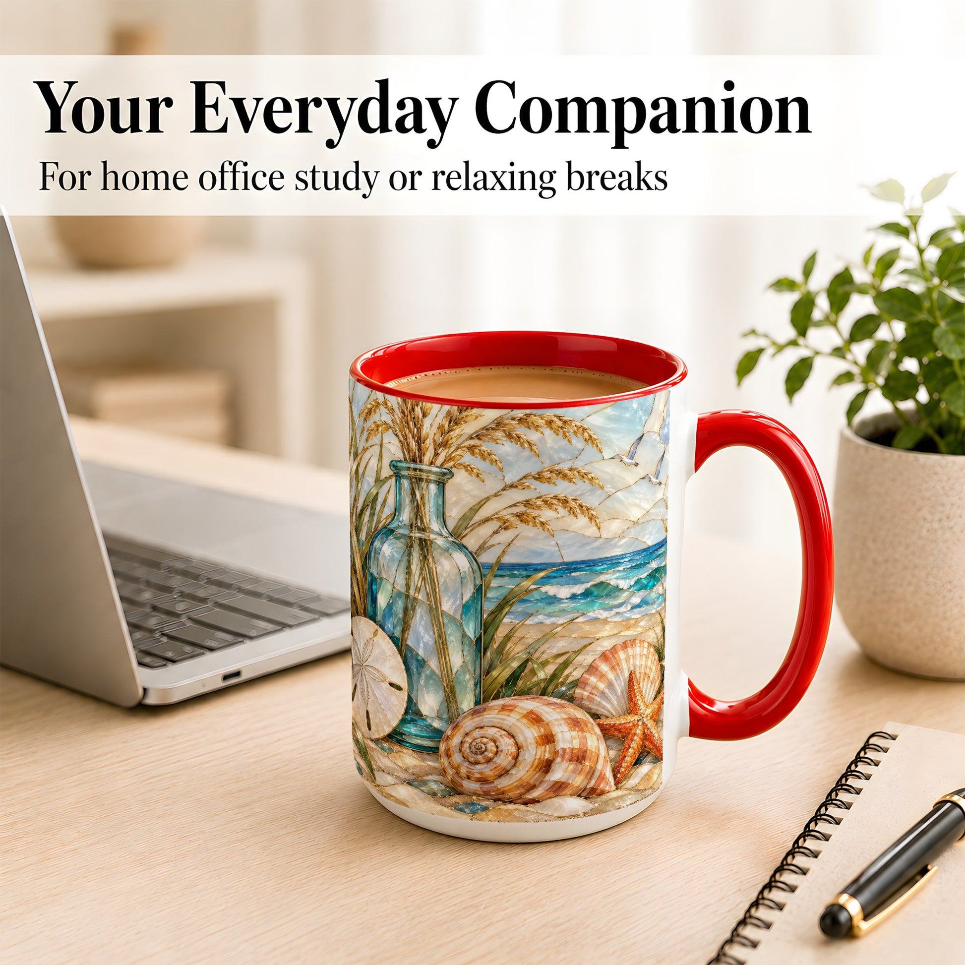 #pl[15oz|Red] Coastal Shell Coffee Mug, Stained Glass Style Mug, Ceramic Cup
