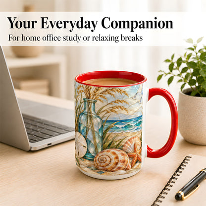 #pl[15oz|Red] Coastal Shell Coffee Mug, Stained Glass Style Mug, Ceramic Cup