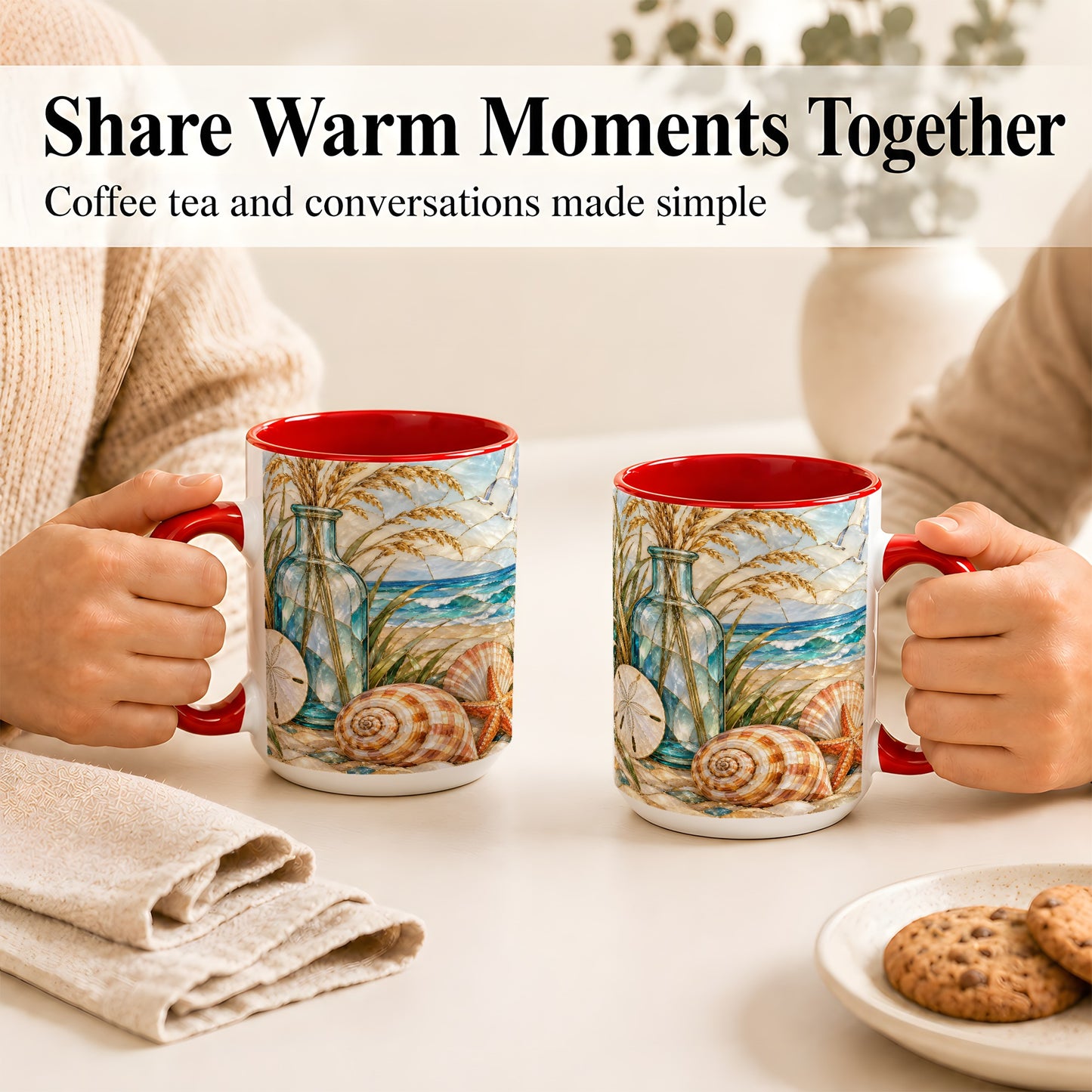 #pl[15oz|Red] Coastal Shell Coffee Mug, Stained Glass Style Mug, Ceramic Cup