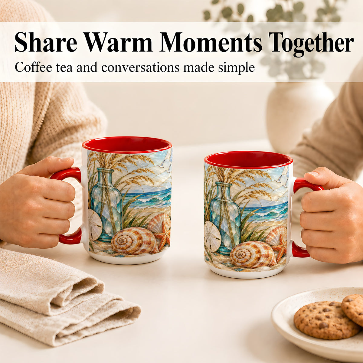 #pl[15oz|Red] Coastal Shell Coffee Mug, Stained Glass Style Mug, Ceramic Cup