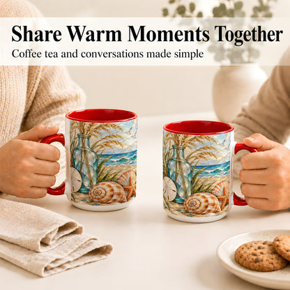 #pl[15oz|Red] Coastal Shell Coffee Mug, Stained Glass Style Mug, Ceramic Cup