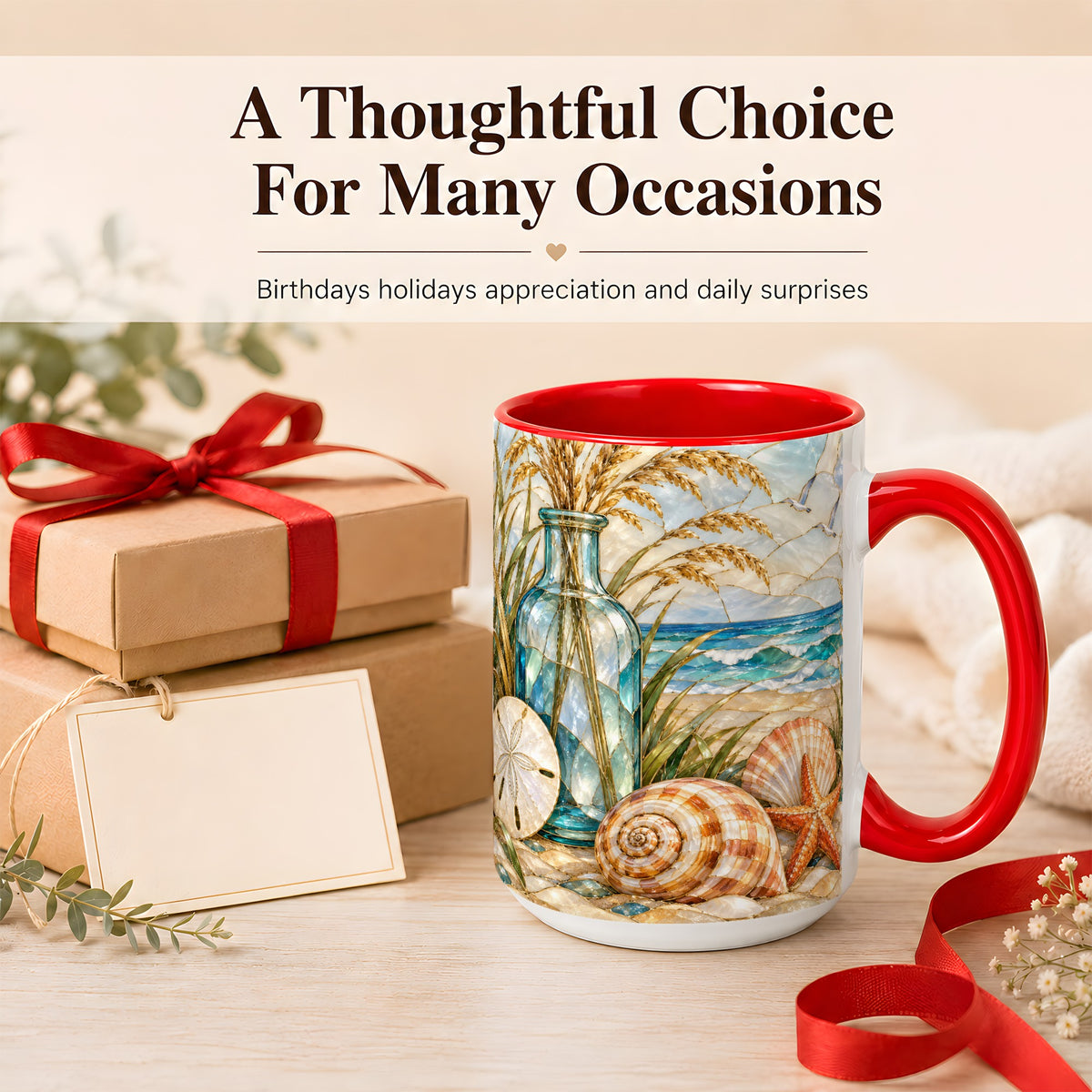#pl[15oz|Red] Coastal Shell Coffee Mug, Stained Glass Style Mug, Ceramic Cup