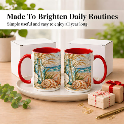 #pl[15oz|Red] Coastal Shell Coffee Mug, Stained Glass Style Mug, Ceramic Cup