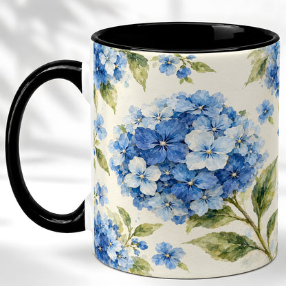 #pl[11oz|Black] Blue Hydrangea Coffee Mug, Watercolor Floral Mug, Ceramic Cup