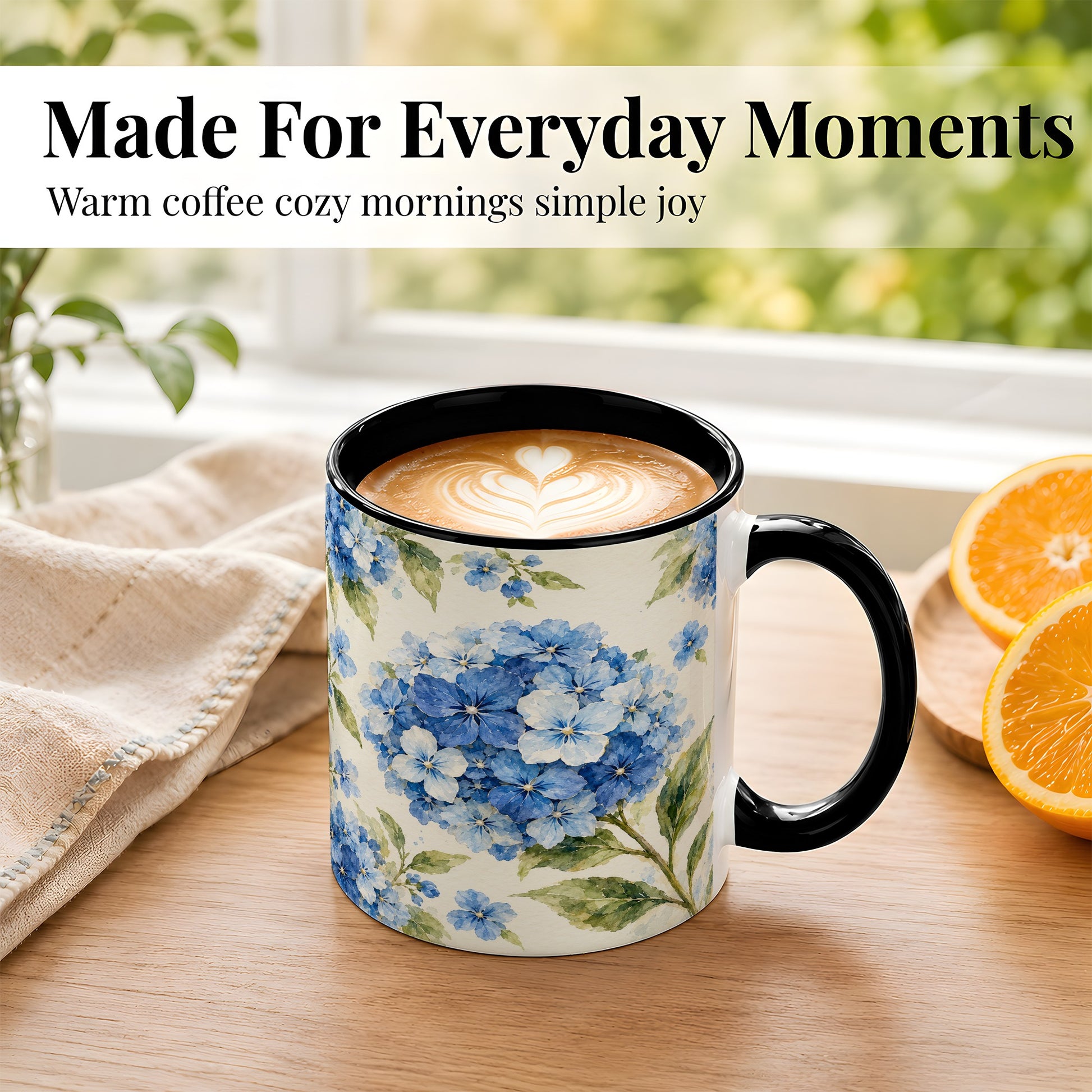 #pl[11oz|Black] Blue Hydrangea Coffee Mug, Watercolor Floral Mug, Ceramic Cup