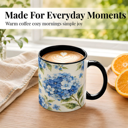 #pl[11oz|Black] Blue Hydrangea Coffee Mug, Watercolor Floral Mug, Ceramic Cup