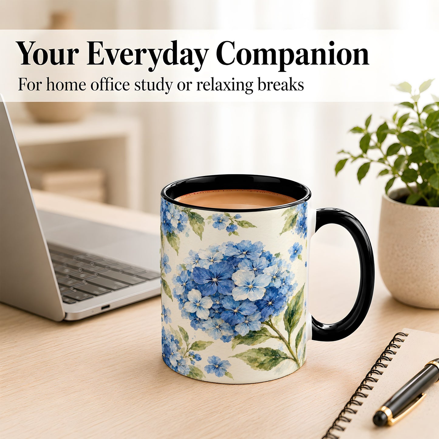 #pl[11oz|Black] Blue Hydrangea Coffee Mug, Watercolor Floral Mug, Ceramic Cup