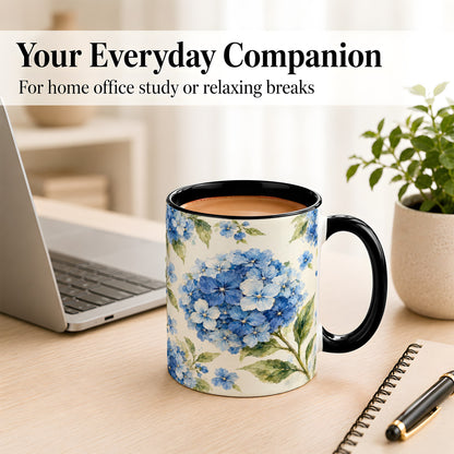 #pl[11oz|Black] Blue Hydrangea Coffee Mug, Watercolor Floral Mug, Ceramic Cup