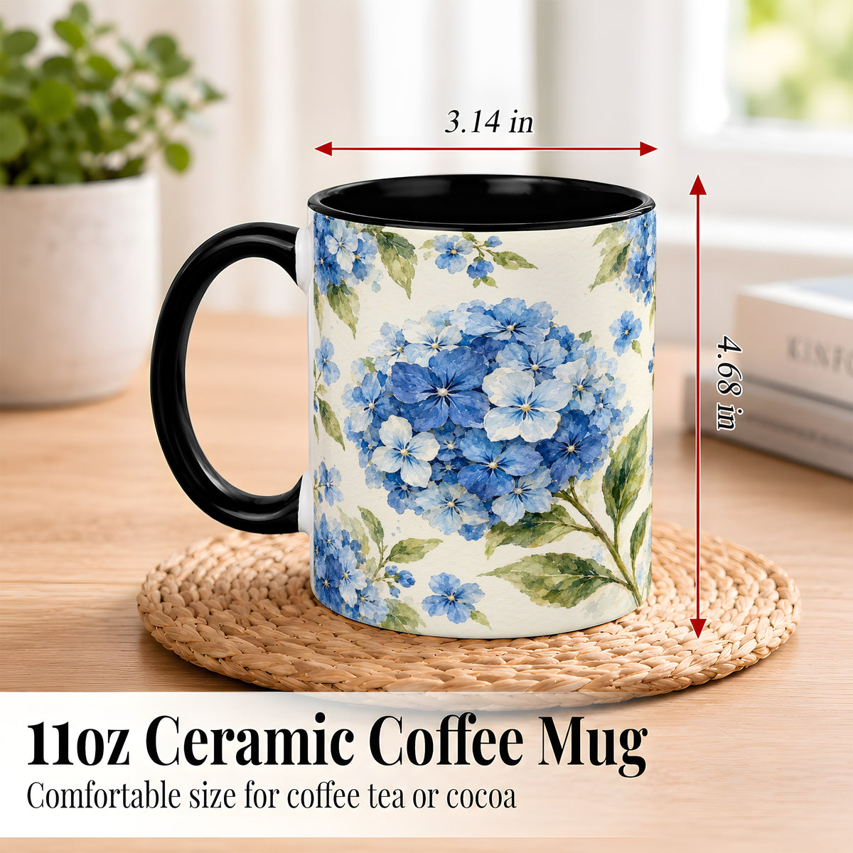 #pl[11oz|Black] Blue Hydrangea Coffee Mug, Watercolor Floral Mug, Ceramic Cup