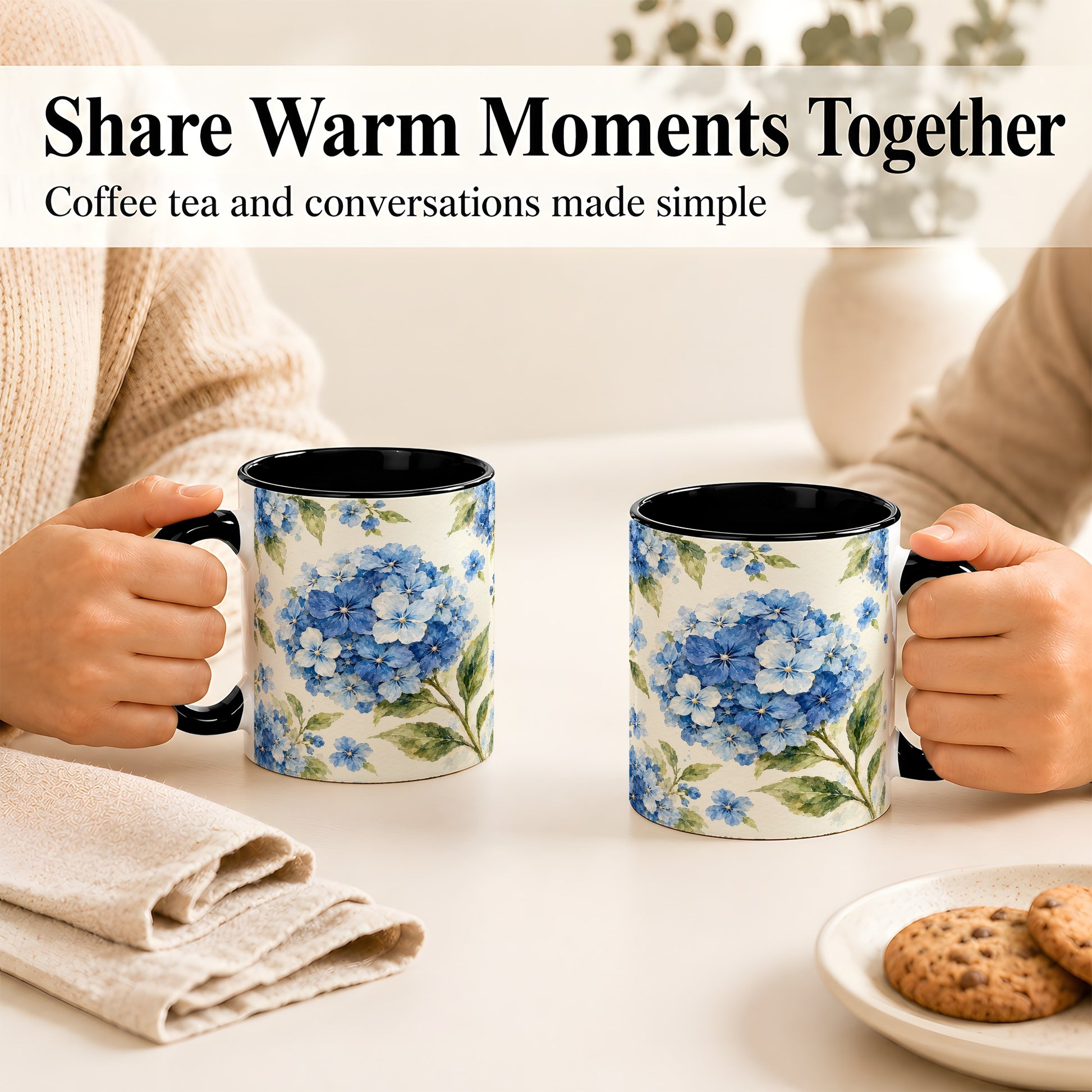 #pl[11oz|Black] Blue Hydrangea Coffee Mug, Watercolor Floral Mug, Ceramic Cup