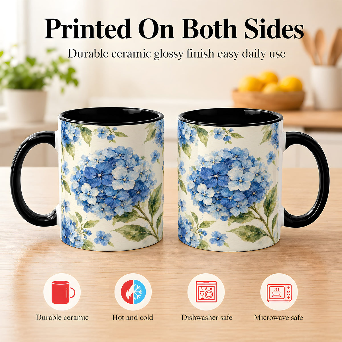 #pl[11oz|Black] Blue Hydrangea Coffee Mug, Watercolor Floral Mug, Ceramic Cup