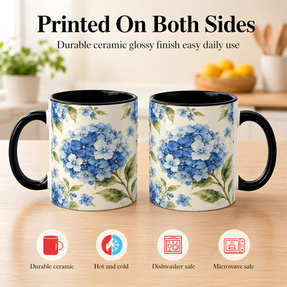 #pl[11oz|Black] Blue Hydrangea Coffee Mug, Watercolor Floral Mug, Ceramic Cup